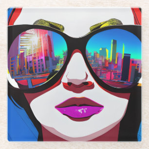 City Reflection in Sunglasses Woman Glass Coaster