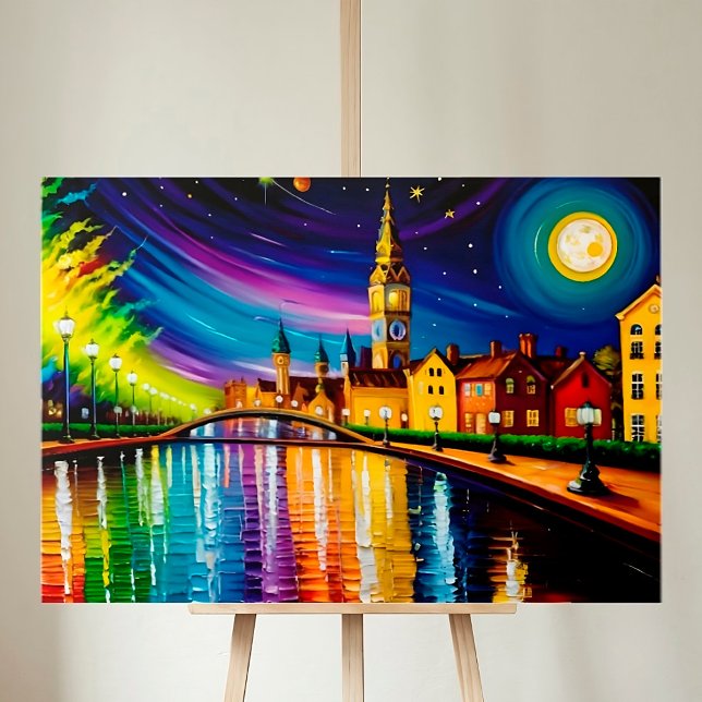 City River Evening Water Colourful Moon Stars Canvas Print (Creator Uploaded)