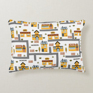 City Road Map Pattern for Kids Yellow and Grey Accent Pillow