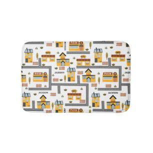 City Road Map Pattern for Kids Yellow and Grey Bath Mat