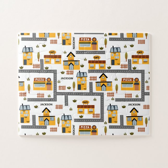 City Road Map Pattern for Kids Yellow and Grey Jigsaw Puzzle (Horizontal)