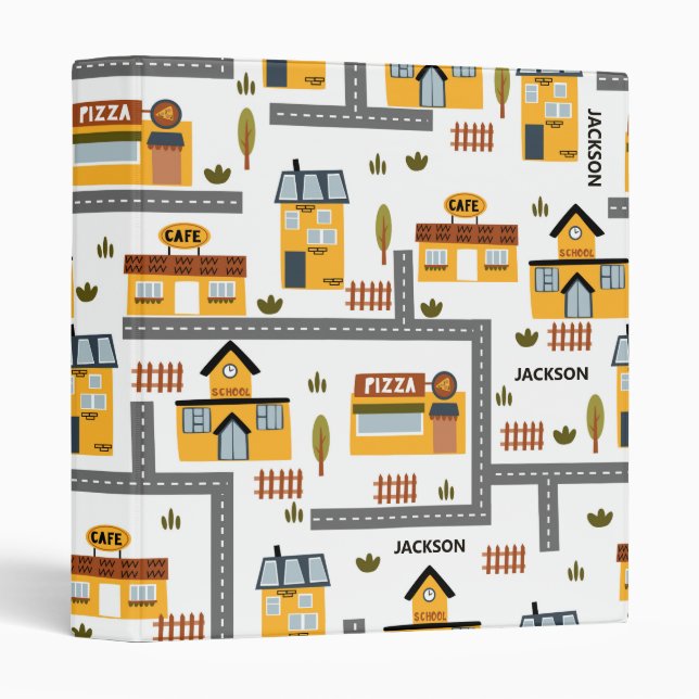 City Road Map Pattern Yellow and Grey Kids School Binder (Front/Spine)