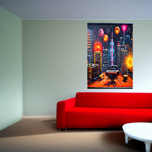 City, rooftop and firework  AI Art Poster