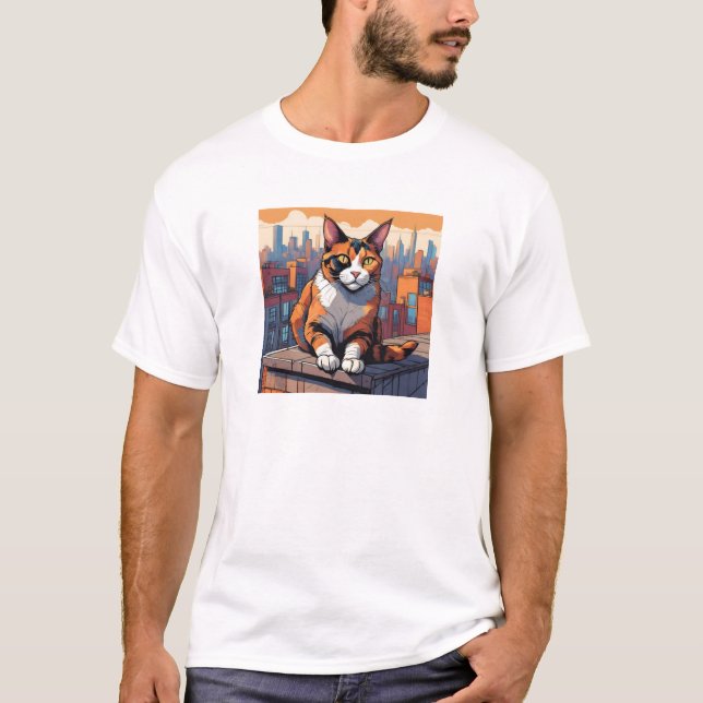 City Rooftop Cat - Urban Calico Charm T-Shirt (Front)