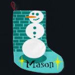 City Sidewalk Snowman Christmas Stocking<br><div class="desc">This customizable City Sidewalk Snowman Christmas Stocking features a turquoise background and teal brickwork. There is a cheerful three tier snowman (not the squatty 2 tier snowman) standing in front of the brick wall. He has a long carrot nose because we didn't cut corners by giving him one of those...</div>