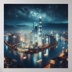 City skyline at night wall poster