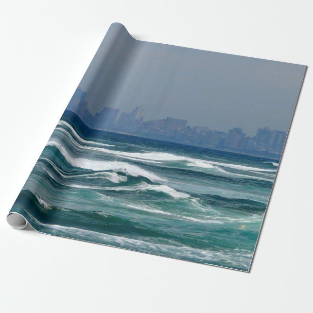 City Skyline behind the waves of the ocean Wrapping Paper (Unrolled)