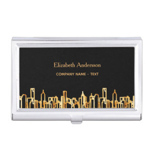 City skyline black gold business real estate business card holder
