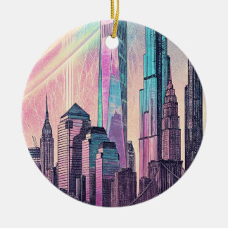 City Skyline Holographic Glitch Art Poster Ceramic Ornament