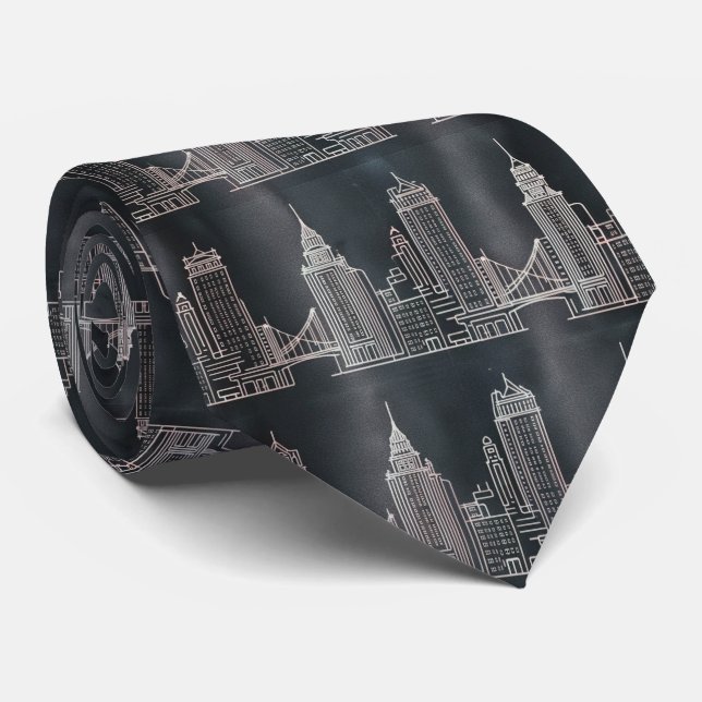 City Skyline Line Art Pattern Tie (Rolled)
