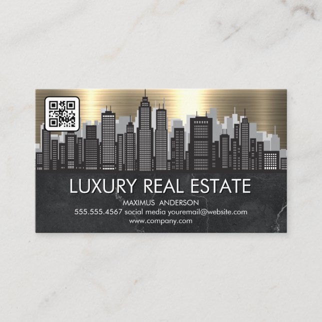 City Skyline | Metallic Gold Marble | QR Code Business Card (Front)