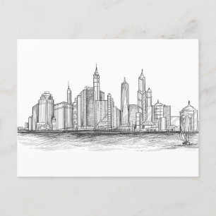 City Skyline Sketch Black And White Postcard