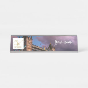 City skyline Sunset & personalize logo Desk Name Plate