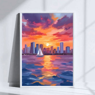 City Skyline Sunset Reflection Watercolor Painting Poster
