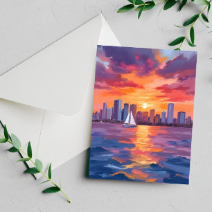 City Skyline Sunset Watercolor Painting Card