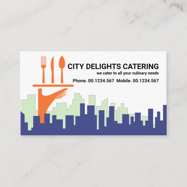 City Skyline Waiter Serving Hand Catering Business Card (Front)