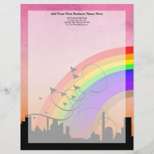 City Skyline with Rainbow and Birds Flying Letterhead