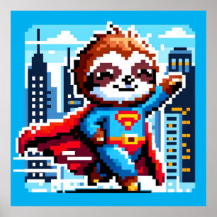 City Sloth Superhero - Pixel Art Urban Hero Poster