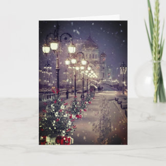 City, snow, lights, all lite up by street lights.. thank you card