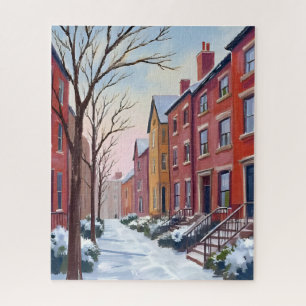 City Snowfall Winter Watercolor Painting Jigsaw Puzzle