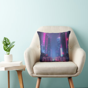 CITY SOUL – Neon Cyberpunk Skyline Design Throw Pillow