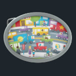 City Street Belt Buckle<br><div class="desc">Artist: Marcus Cutler | illustration of a busy city street and bus stop with pedestrians and cars,  trucks and shops and a boy on a bike</div>