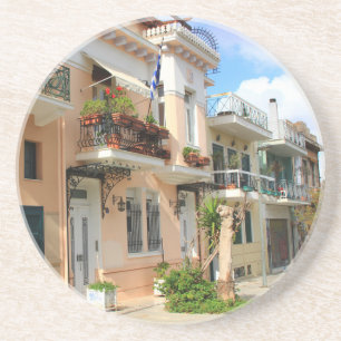 City Street in Greece with homes Rnd Coaster