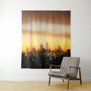 City sunset digital art pixel blocks tapestry
