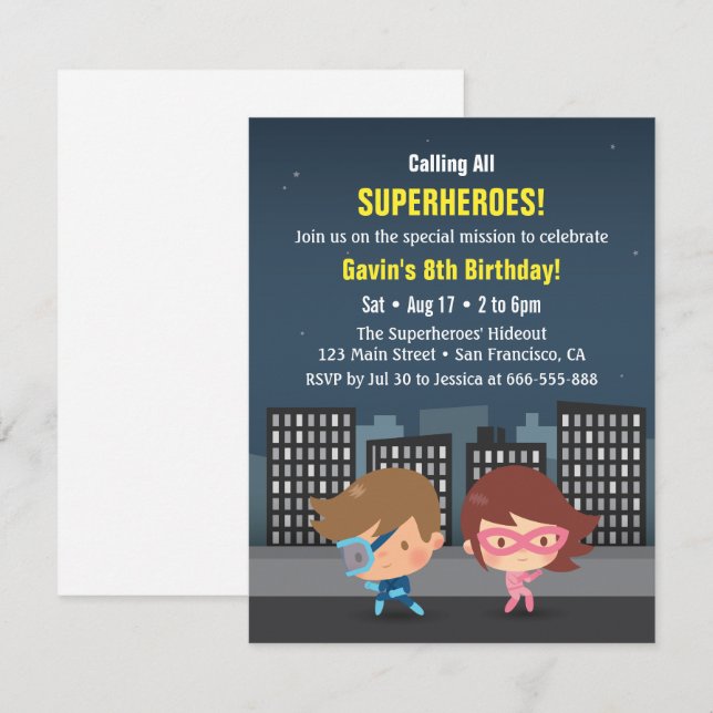 City Superheroes Kids Birthday Party Invitations (Front/Back)
