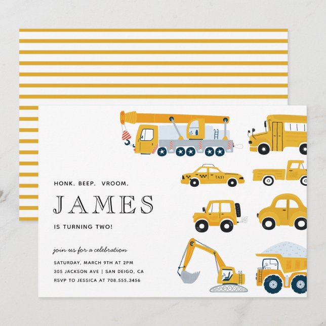 City Transportation Boy Yellow Second Birthday Invitation (Front/Back)