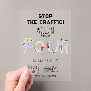 City Transportation Vehicles Truck Four Birthday Acrylic Invitations