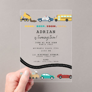 City Transportation Vehicles Truck Second Birthday Acrylic Invitations