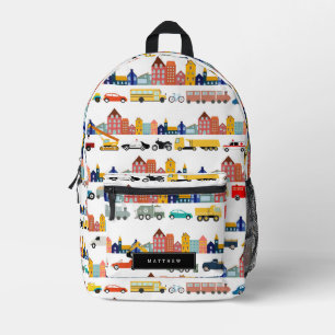 City Transportation Vehicles Trucks Cars Kids Printed Backpack