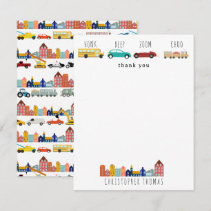 City Transportation Vehicles Trucks Cars Kids Thank You Card
