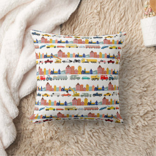 City Transportation Vehicles Trucks Cars Kids Throw Pillow