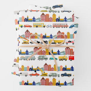 City Transportation Vehicles Trucks Cars Kids Wrapping Paper Sheet