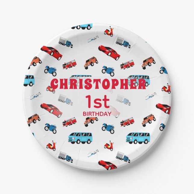 City Vehicles birthday paper plates (Front)
