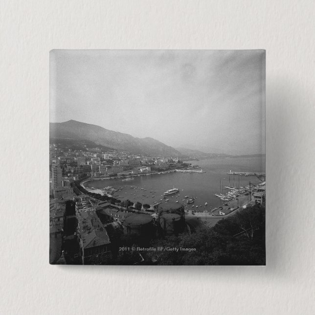 Cityscape at harbour B&W elevated view 2 Inch Square Button (Front)