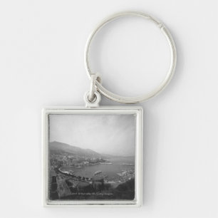 Cityscape at harbour B&W elevated view Keychain