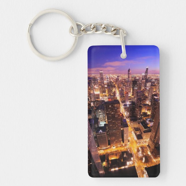 Cityscape at night of Chicago Keychain (Front)