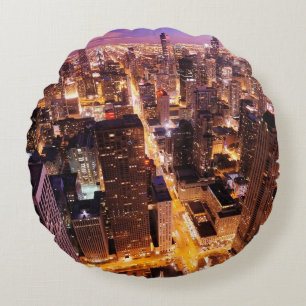 Cityscape at night of Chicago Round Pillow