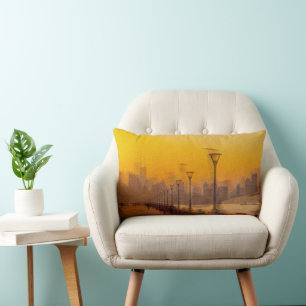 Cityscape at sunset lumbar pillow