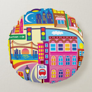 Cityscape Colours Round Pillow
