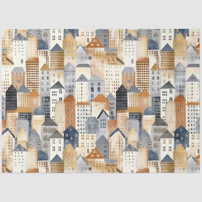 Cityscape drawing naturals and blue tissue paper (Front)