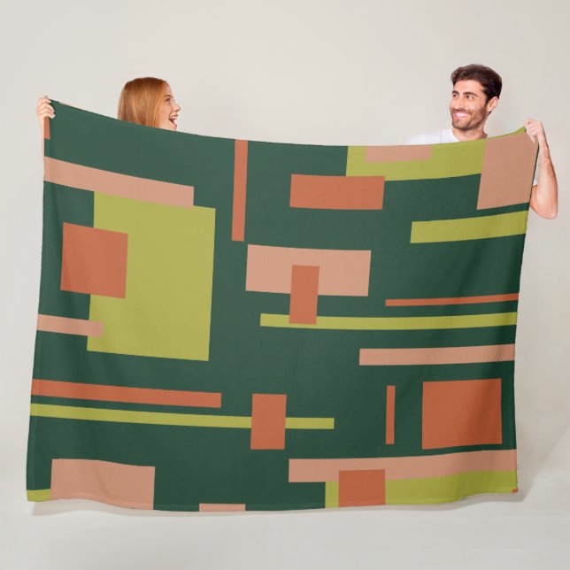 Cityscape Mid-Century Modern Abstract Coral Green Fleece Blanket (In Situ)