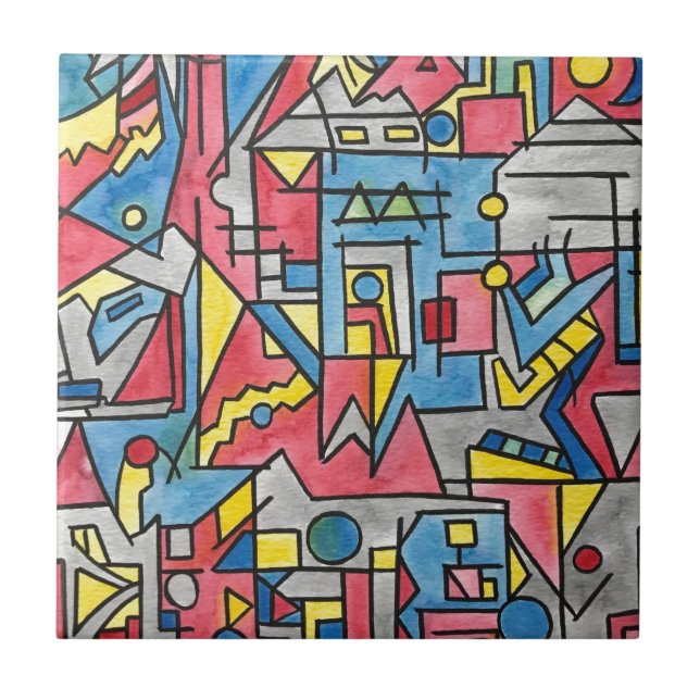 Cityscape-Modern Bauhaus Geometric Watercolor Art Tile (Front)