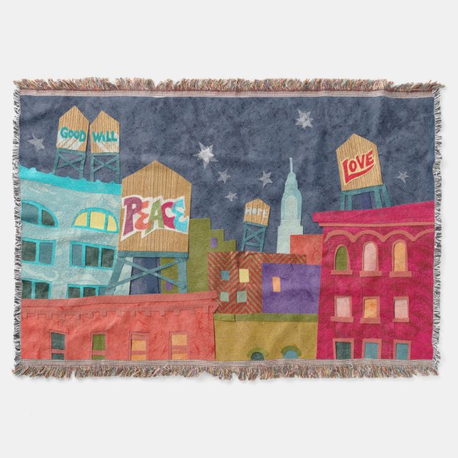 Cityscape of Peace, Love, Hope, Good Will Blanket (Front)