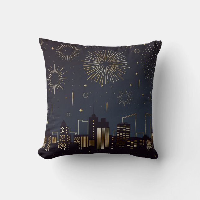 Cityscape outline with fireworks throw pillow (Front)