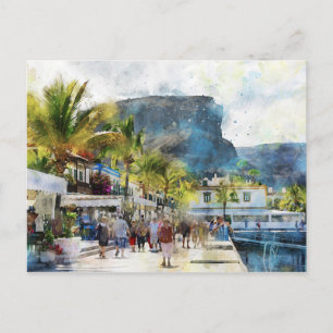 Cityscape Puerto de Morgan at Gran Canaria. Paint. Postcard