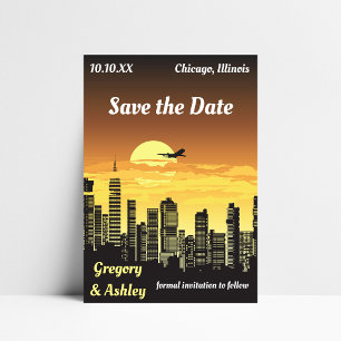 Cityscape Skyscraper Airplane in Sky Retro Sunset Save The Date